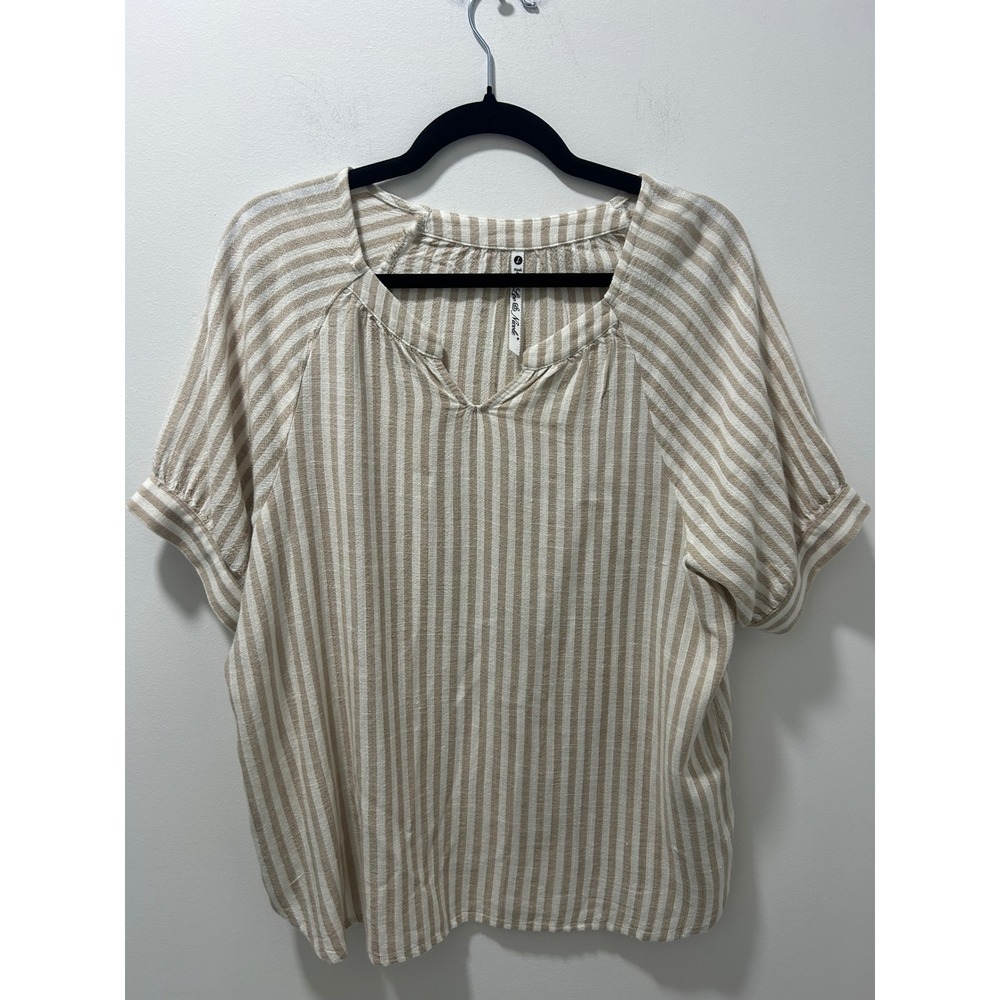 Leo & Nicole Women Tan White Striped Linen Blend V-Neck Linen Blend Blouse Large